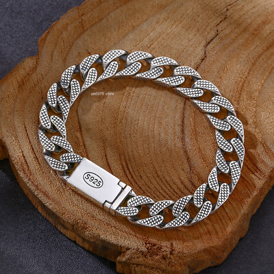 #ad Real S925 Sterling Silver Bracelet Men Women 9mm Dragon Curb Link 7inch 8inch $93.84