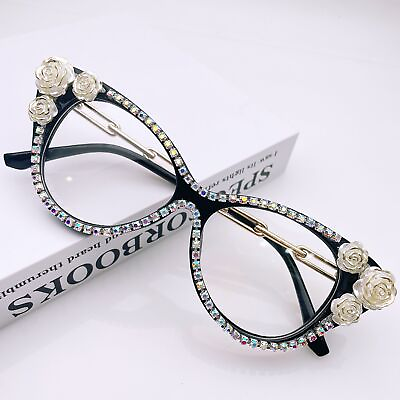 #ad Women Hand made Bling Cat Eye Glasses Frames Rose Rhinestone Eyeglass Frames F $20.69