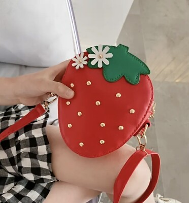 #ad Girls Red Strawberry Shoulder Bag Purse w Green Stem amp; Adjustable Strap  $29.00