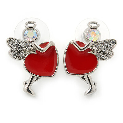 #ad Funky Crystal Fairy with Red Enamel Heart Stud Earrings In Rhodium Plating GBP 10.90