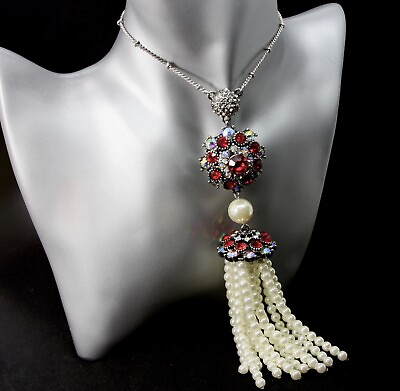 #ad Rhodium Plated Long Tassel Pendant Necklace made w Swarovski Red Crystal amp; Pearl $67.00
