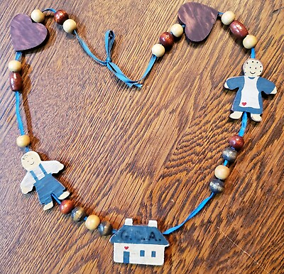 #ad Wooden Hand Made Necklace w Multicolor Beads Boy Girl House Heart Blue Ribbon $12.00