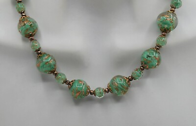 #ad VINTAGE MURANO GLASS JADE GREEN GLASS COPPER FOIL NECKLACE 16quot; $106.95