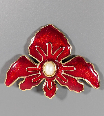 #ad Vintage Red Enamel Iris Flower Faux Pearl Cabochon Large Pin Brooch $10.49