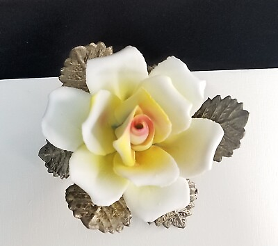 #ad Vintage Capodimonte Figurine Rose Flower Yellow Made in Italy Silver Stem Leaves $15.60