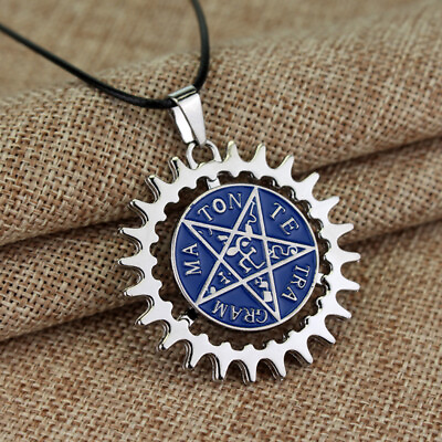 #ad Spinning Pentagram Sun Wheel Silver Plate w Blue Enamel Occult Pendant Jewelry $20.00