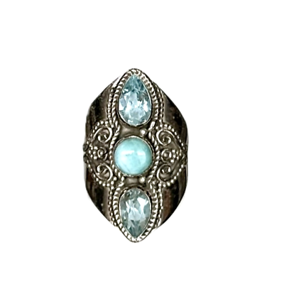 #ad Blue Topaz Sterling Silver Ring with Round Cabochon Larimar Pear Shape 2.40CTW $40.00