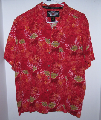 #ad Harley Davidson Vintage Red Hawaiian Women#x27;s Rayon Blouse SS Shirt Size XL $24.99