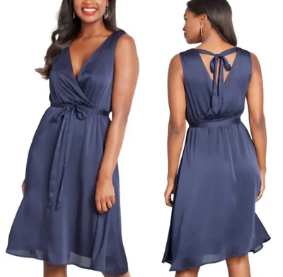 #ad Modcloth Elegant Glow Surplice Neckline Sleeveless A Line Dress Navy Blue 2XL $37.88