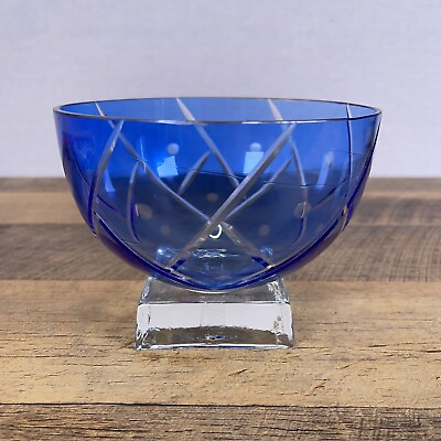 #ad Retro Cobalt Cut to Clear Crystal Block Pedestal Candy Dish Console Bowl $65.20