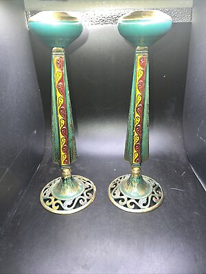#ad VTG Israel Enamel Brass Candlesticks Made in Israel $29.99