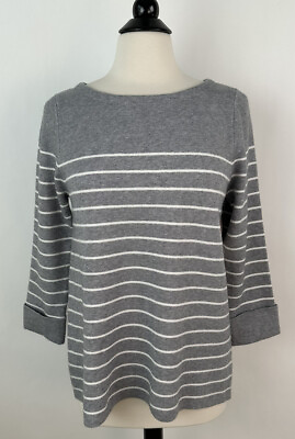 #ad NWT Tahari Striped Sweater MEDIUM White Grey Soft Long Cuffed Sleeve Boat Neck $18.95