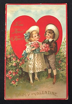 #ad c1910 Valentine Boy Girl From Heart to Heart Vintage Embossed Color Post Card CF $7.99