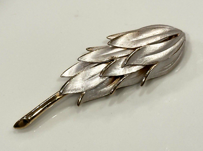 #ad MCM VINTAGE DROOP LEAF SILVER SHINY WHITE FROSTED BRUTALIST 3.5quot; Pin Brooch EUC $16.50
