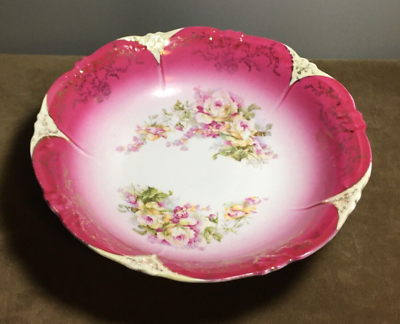 #ad Antique Serving Bowl Lovely German Porcelain Hot Pink amp; Yellow Roses Gold Trim $25.00