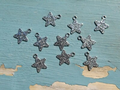 #ad Star Charms Stamped Just For You Antique Silver Stars 13mm N4 10 pieces $3.45