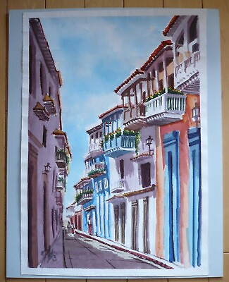 #ad MYSTERY ART ILLEGIBLE NEW ORLEANS STREET SCENE VINTAGE WATERCOLOR SIGNED MODERN $318.00
