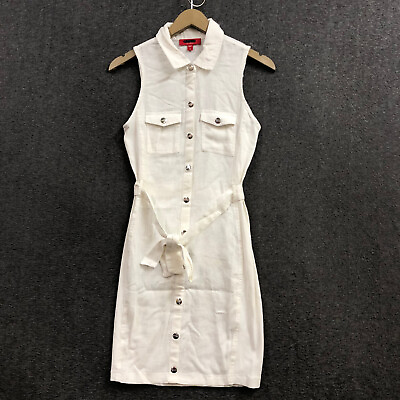 #ad Guess White Denim Waist Belt Shirt Dress Collared Sleeveless Size Small NWOT $22.99