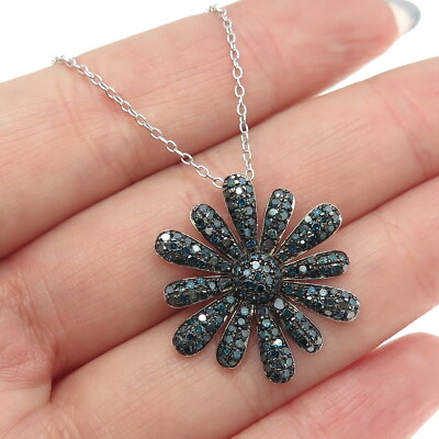 #ad 925 Sterling Silver Real Round Cut Fancy Diamond Floral Necklace 18quot; $89.95