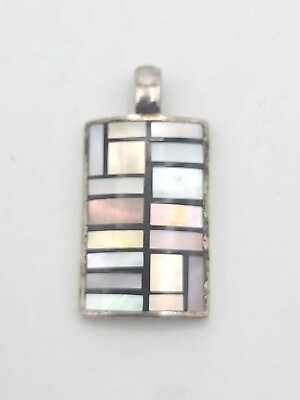 #ad Sterling Silver Mother Of Pearl Inlay Rectangle White Pastel Pink Blue Pendant $22.90
