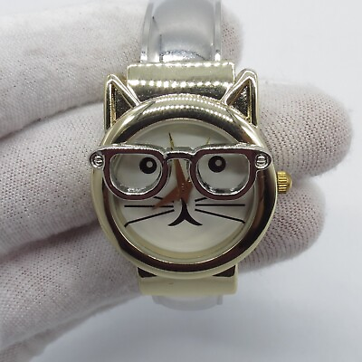#ad Women Cat Watch Round Dial 28mm Two Tone Metal Hinged Cuff Band 6.8quot; $10.39