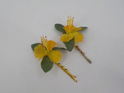 #ad PAIR OF HAIR BOBBIE PINS YELLOW HIBISCUS FLOWERS GOLD COLORED BOBBIE PIN NWMD $6.29
