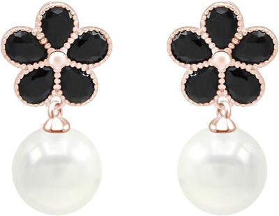 #ad Flower Earrings Black Cubic Zirconia amp; Simulated Pearl in 14K Rose Gold Plated $15.54