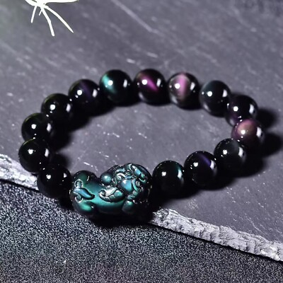 #ad Rainbow Obsidian 12MM Round Bead Pixiu Fengshui Wealth Luck Unisex Bracelet Gift $12.50