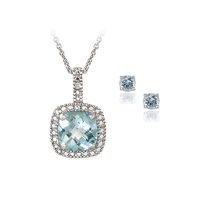 #ad 925 Silver 4ct Blue Topaz amp; Diamond Necklace amp; Earrings Set $31.99