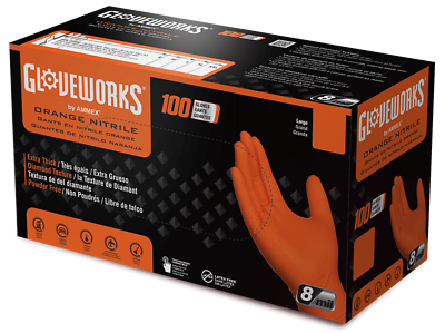 #ad GLOVEWORKS HD Orange Nitrile Disposable Gloves 8 Mil Raised Diamond Texture $28.50