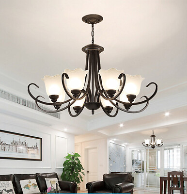 #ad 8 Lights Retro Chandelier Glass Shade Ceiling Wrought Iron Pendant Lamps Fixture $134.68
