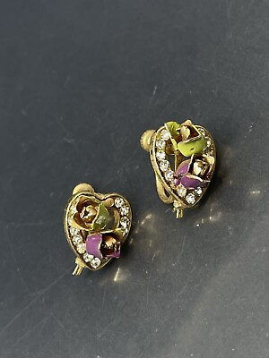 #ad VTG GoldTone Green Purple Enamel Rose Crystals Hearts Screw Back Earrings READ $20.00