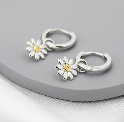 #ad Little Daisy Flower Charmed Hoop Earrings in Sterling Silver $40.00