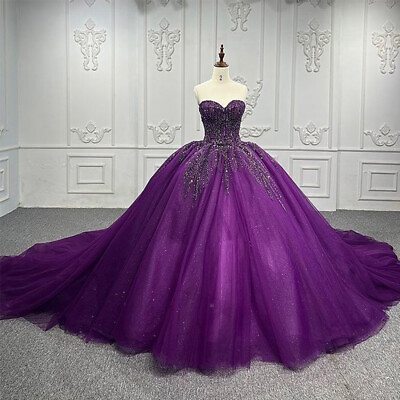 #ad Glitter Purple Princess Wedding Dresses Lace Appliques Bead Strapless Ball Gowns $151.05