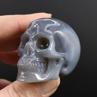 #ad 2in Grey Agate Carved Crystal Skull Realistic Gemstone Carving $49.99