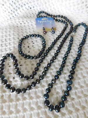 #ad Hawaii Genuine Black Akoya Freshwater Cultured Pearls Necklace Bracelet Earrings $99.50