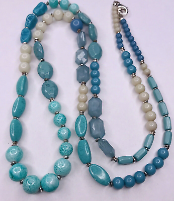 #ad Necklace Blue Aqua Teal Beaded Resin Silver Tone Lobster Long 42quot; $12.29