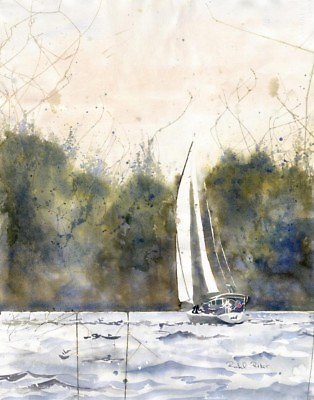 #ad Sailboat Art Giclee Print Landscape Painting Sailing Lake Island 10x8 $35.00