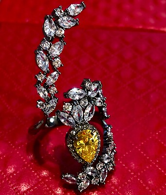 #ad 18k Black Rhodium Plated Yellow Citrine amp; Simulated Diamond Marquise Long Ring $79.20