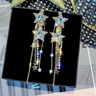 #ad Silver Plated Star Crystal Long Tassel Earrings Stud Drop Dangle Women Wedding C $3.95