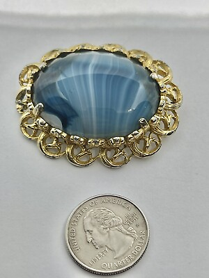#ad Vintage MCM Blue Slag Art Glass with 2 Shades of Blue amp; White Goldtone Brooch $69.99