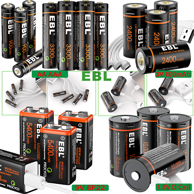 #ad EBL AA AAA 9V 6F22 D Cell 16340 USB Li ion Lithium Rechargeable Batteries lot $98.99