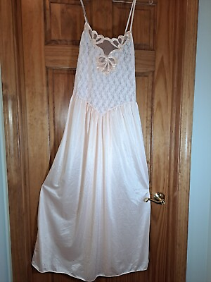 #ad Vintage Sexy See Thru Lace Top Nightgown Cine Star Pink Peach Large $21.99