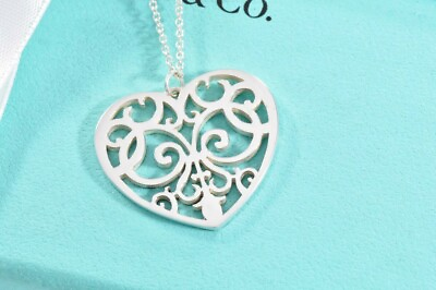 #ad Tiffany amp; Co Silver Large Enchant Scroll Heart Pendant XL 20quot; Necklace Boxed $349.99