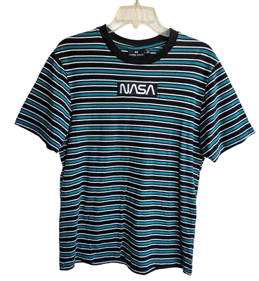 #ad NASA Logo Patch Mens Striped Blue and Black T Shirt Size Small $25.00