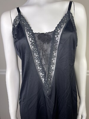 #ad Vintage Sexy lace Bodice Nylon Full Slip 40” Large Nightgown Deep V Neck Black $39.95
