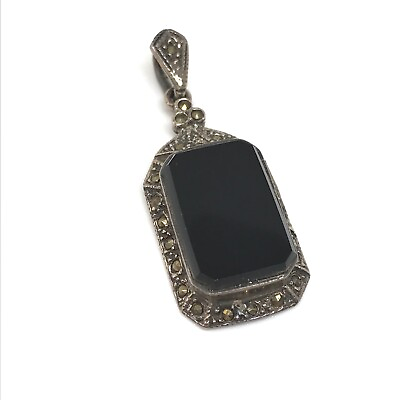 #ad Vintage 925 Sterling Silver Black Onyx amp; Marcasite Stone Pendant $44.99