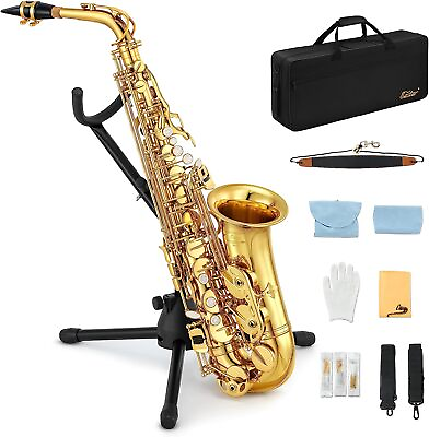 #ad Eastar Alto Saxophone E Flat F Key Gold Lacquered Alto Sax With Hard Case Stand $199.99