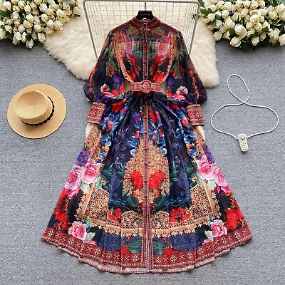 #ad Chic Elegant Print patchwork Long Sleeves Single Breasted Dress A line High $115.00