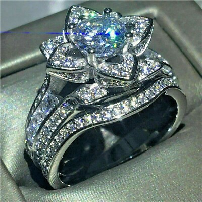 #ad Lotus Flower Style 3.65 Ct Lab Created Diamond Wedding Bridal 3 Piece Ring Set $135.99
